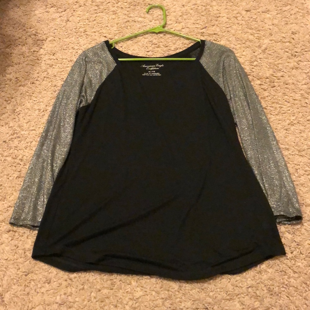 American Eagle Black Top with Sparkley Sleeves